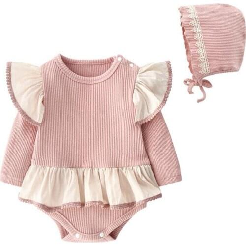 Baby Girls Lace Rompers Set Little Girl Ruffles Clothes Newborn Playsuits Toddler Infant Bodysuits + Hat Spring Autumn