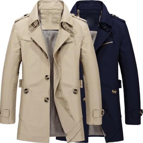 Jacket Men Fashion Design Overcoat Slim Fit Solid Cotton Khaki Clothing Long Coat