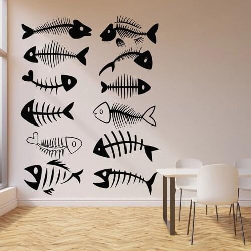 Fish Bones Wall Decal Fishing Skull Restaurant Kitchen Dining Room Interior Decor Vinyl Door Window Stickers Art Wallpaper Q646