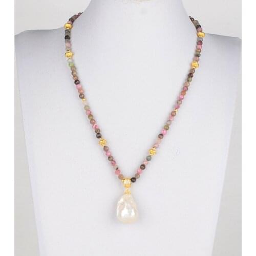 Natural Stone 19'' Natural 5mm Red Tourmaline Necklace Cultured White Keshi Pearl Pendant