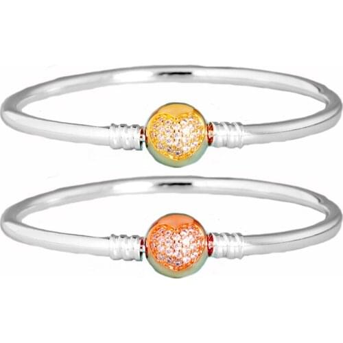 Original Rose & Gold Heart With Crystal Circular Clasp Bangle Bracelet Fit 925 Sterling Silver Bead Charm Diy Europe Jewelry