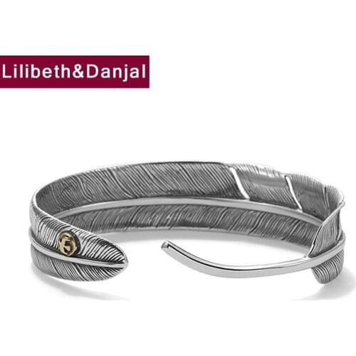 Feather Opening Bracelet Bangle Pure 925 Sterling Silver Men Women Fine Jewelry 2021 New Arrival Wholesale Pulseras Mujer B05