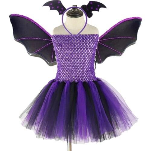 Bat Girl Vampire Tutu Dress Headband Wing Kids Purple Batgirl Vampire Halloween Costume Girls Carnival Party Dresses Vestidos