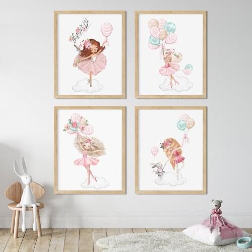 Ballet Girl Poster Pink Rabbit Balloon Print Nursery Wall Art Canvas Painting Nordic Wall Pictures For Baby Bedroom Decoration