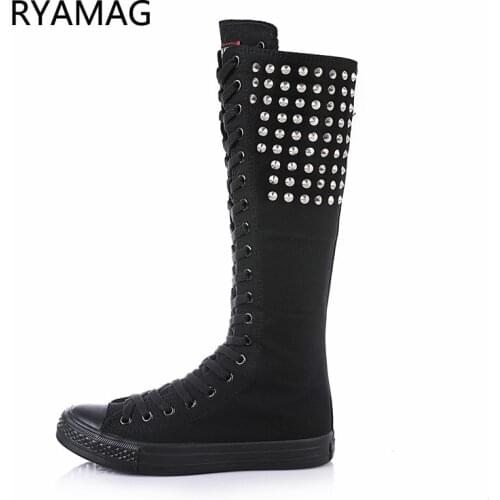 Ryamag 2021 New Womens Canvas Boots Long Boots Rivet Shoes Flats Punk High Top Lace-Up Zipper Comfortable Vulcanize Sneakers
