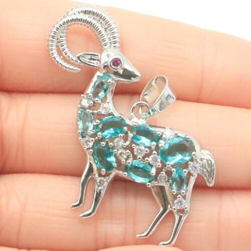 49x39mm Pretty Goat Shape Created Blue Aquamarine Violet Tanzanite For Men Daily Wear Silver Pendant
