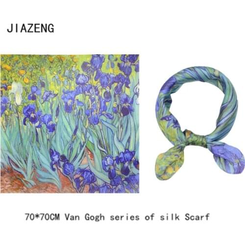 70cm*70cm Women Vincent Van Gogh Oil Painting Printed Silk Scarf Women shawls Girl Wraps Hair Tie bandana
