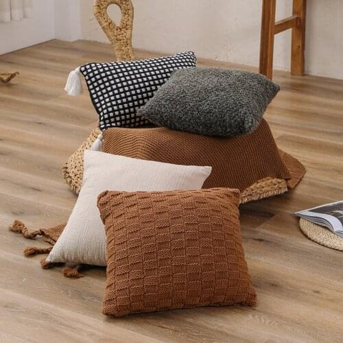 Woolen Knitted Tassel Throw Pillow Cover Square Cushion Cover Sofa Waist Pillow Cover