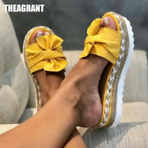 THEAGRANT Hot Shoes Women Slippers Platform Summer Roma Beach Slides Bow Hemp Ladies Casual Flat Shoes Big Size 35-43 WSL3036