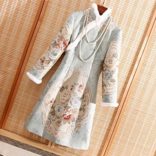 High-end Floral Autumn Women Chinese Style Midi Dress Jacquard Warm Dresses Elegant Slim Lady Qipao Party Dress S-XXL