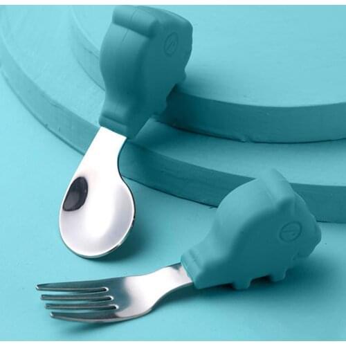 2Pcs/Set Creative Baby Dinnerware Non-slip Handle Anti-scald Stainless Steel Training Spoon Fork Set for Feeding