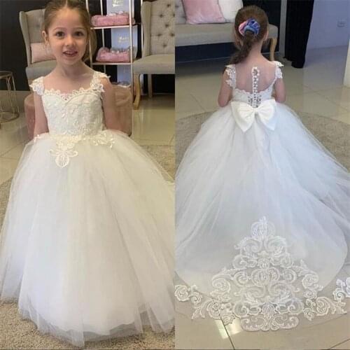 White Ivory Flower Girl Dresses First Communion Dresses Lace Applique Sleeveless Tulle GirlsPageant and Party Dresses