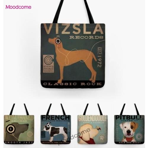 Lovely Cute Vizsla Frenchie Bulldog Dachshund Vintage Dog Art Poster Shopper Shoulder Bag Water Resistant Linen Large Tote Bag