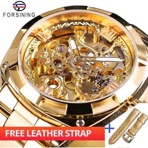 Forsining Watch +Band Set Combination Retro Men Automatic Mechanical Wirstwatches Full Golden Luminous Hands Skeleton Clock Male