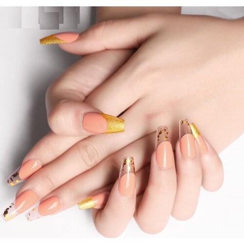 24pcs/Set Long French False Nails Pretty Orange Foils Decals Ballerina Nail Art with Glue Gold Glitter Full Tips Manicure Tools