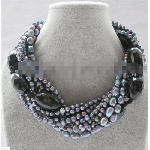 Beautiful 17" 10row 5-6-11mm black baroque freshwater pearl & black bead necklace - shell Clasp