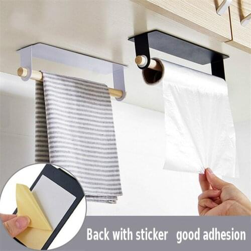 Metal wall shelf wooden towel rack bathroom roll paper holder plastic wrap storage rack kitchen accessories