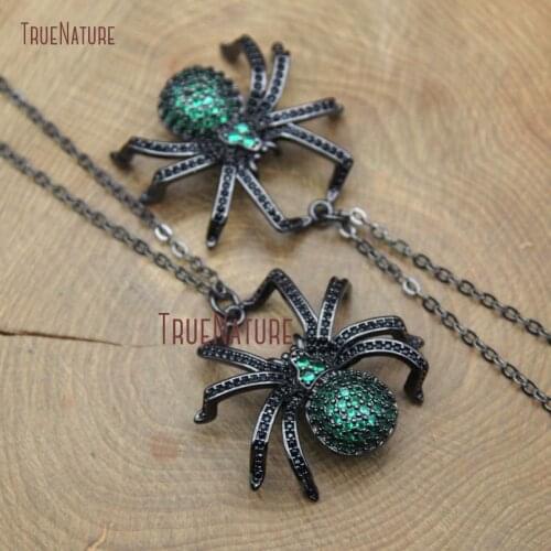 Gunmetal Electroplated Simple Insect Charm Chains Black Cubic Zircon Beads Pave Spider Pendant Necklace In 18 Inch NM10378