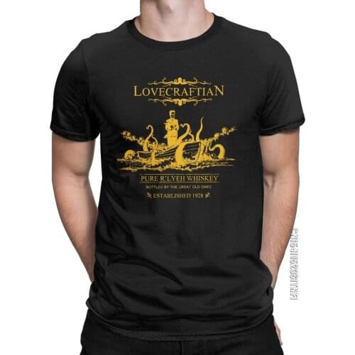 Men T-Shirts Lovecraftian Rlyeh Whiskey Gold Funny Cotton Tees Classic Short Sleeve Cthulhu T Shirts Round Neck Clothes Unique