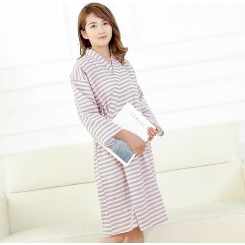 100% Cotton Double Gauze Striped Couple Bathrobe Thin Nightgown Plus Size Robe Womens Robes Sleepwear Dressing Gown Kimono Robe