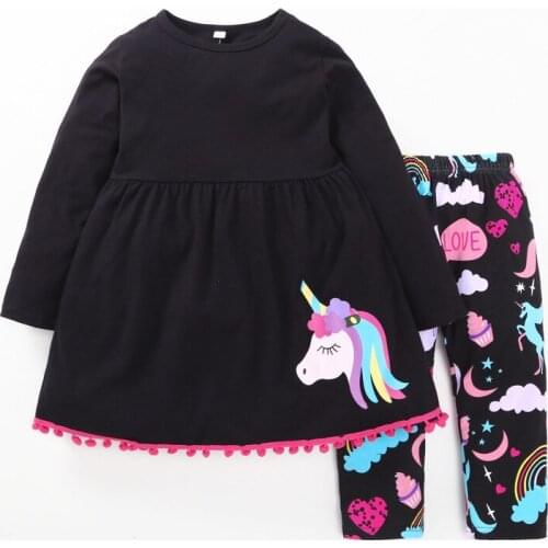 2018 New Baby girl Long Sleeve Unicorn Dress sets +Pants Fantasy Print Boutique Quality