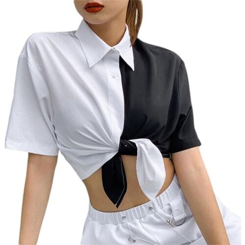 New Women Crop Tops Blouse Fashion Summer Sexy Slim Single Button Knotted Clubwear Short Tops Shirt Streetwear For Young Girls