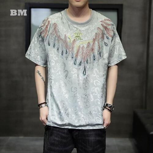 Chinese Style Casual T-Shirt Summer Peacock Feather Embroidery Ice Silk Short Sleeve Men Clothing Harajuku Plus Size Tops