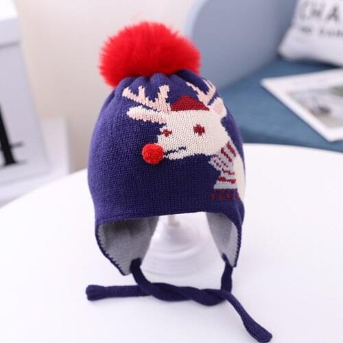 Children\s Hat Autumn And Winter Models Christmas Reindeer Baby Knitted Hat Warm Lace-up Baby Ear Protection Cute Cap New