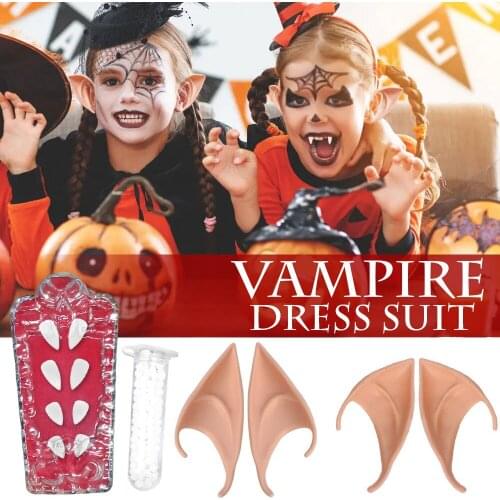 Fairy Cosplay Vampire Fangs And Elf Ears Red Dripping Blood Choker Necklace Masquerade Teeth Props Horror Halloween Supplies