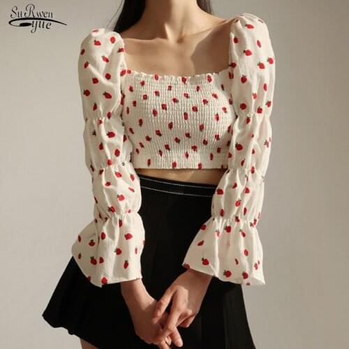 Slash Neck Puff Sleeve Shirts Print Strawberry Blouse Women Vintage Clothes White Black Yellow Party Off Shoulder Tops New 14369