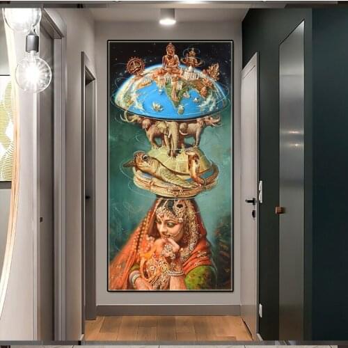 Surrealism Earth Turtle Abstract Indian Princess Canvas Painting Elephant Buddhism Poster Prints wall picture for Aisle Decorati