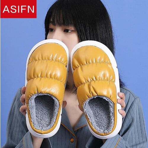 ASIFN Cotton Slippers Womens Winter Flat Mules PU Leather Waterproof Home Warm Indoor Non-slip Plush Thick Bottom for Men Women