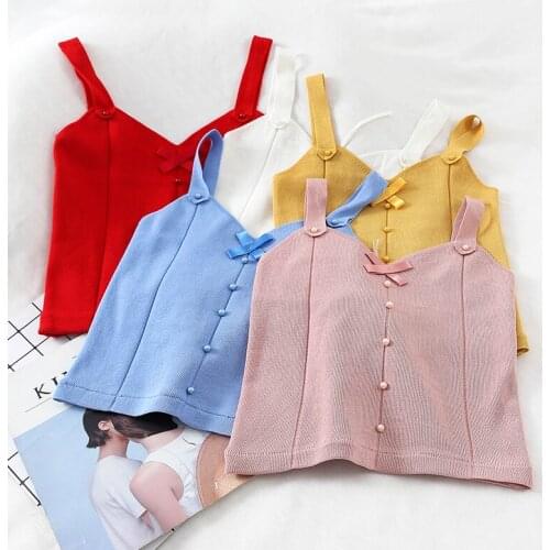 OUMEA Women Knitting Tops V Neck Front Bow Pearl Beads Strappy Slim Fit Crop Top Summer Solid Color Back Lace Up Details Sweet