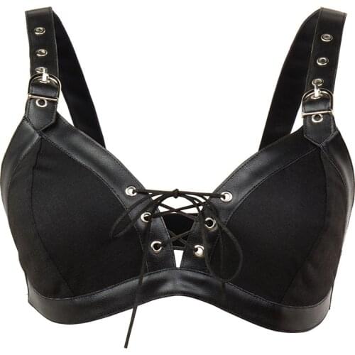 TOPMELON Steampunk Bra Lingerie Push Up Brassiere Sexy Faux Leather Gothic Underwear Cotton Wire Free Bras Top Women Black Brown