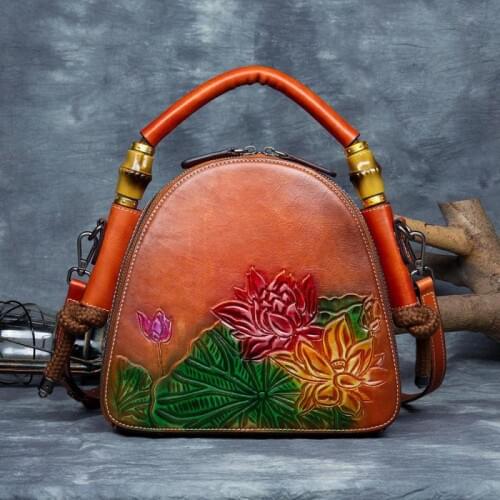 Vintage Floral Genuine Leather Women Bag 2021 Summer Retro First Layer Cowhide Handbag Lady Hand Painted Embossed Shoulder Bags