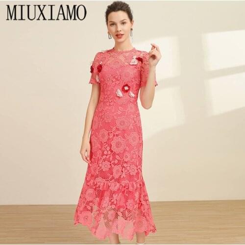 MIUXIMAO High Quality 2020 Summer Luxurious Dress Newest 3D Floral Casual Elegant Slim Pink Fishtail skirt Dress Women Vestido