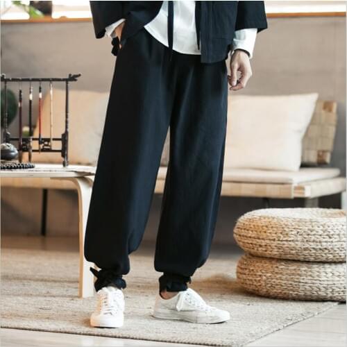 High Quality Men Long Pants 2020 New Style Cotton Linen Drawstring Wide Leg Pants With Pocket Solid Loose Plus Size M-7XL
