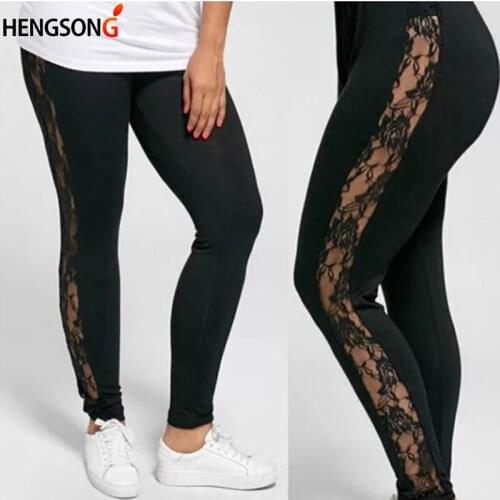 Plus Size XL-3XL Lace Patchwork Leggings For Women High Elastic Waist Trousers Hollow Out Black Leggings Ankle-Length Legging