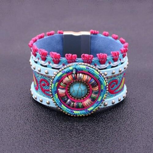 Leather Bracelet Bohemian Round Retro Pattern Soft Pottery Rhinestone Lady Bracelet Fashion Magnetic Bracelet Jewelry