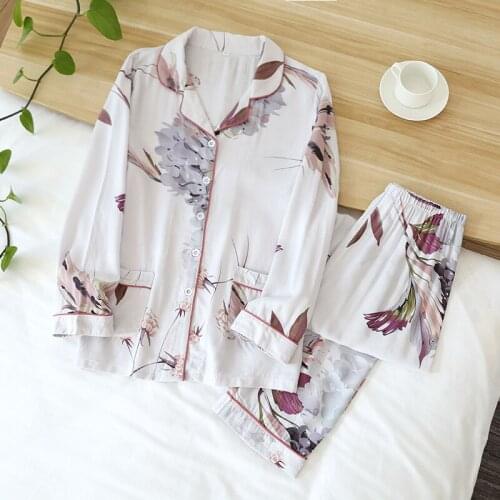 Natural Womens Pajamas set Long-sleeved Trouserslarge Floral Cotton Silk large Size Thin Cardiganhome Serviceshirt Set
