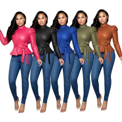2019 Women PU Leather Top Autumn Long Sleeve Turtleneck Bow Lace Up T Shirt Office Ladies Solid Slim Fit Ruffles blouse Tops