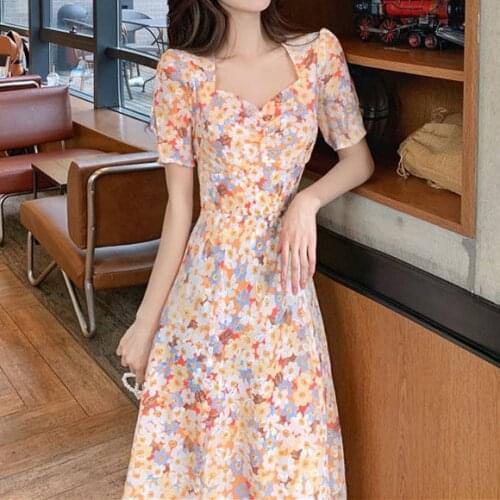Skirt long and thin French retro Chiffon square neck dress for women in summer Sheath Ruffles V-Neck Summer