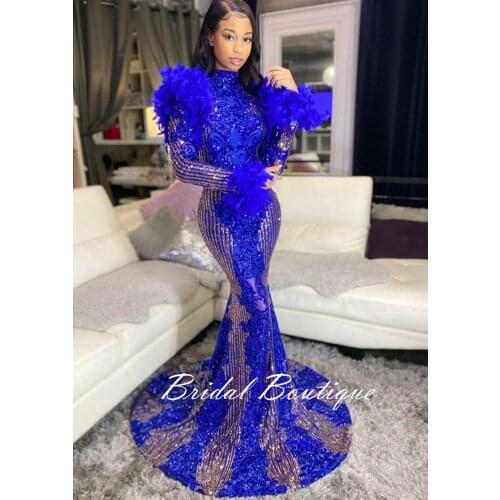 Sequined Feathers Royal Blue Prom Dresses High Neck Long Sleeves Mermaid Black Girls Formal Party Dress Sparkly Wedding Gowns