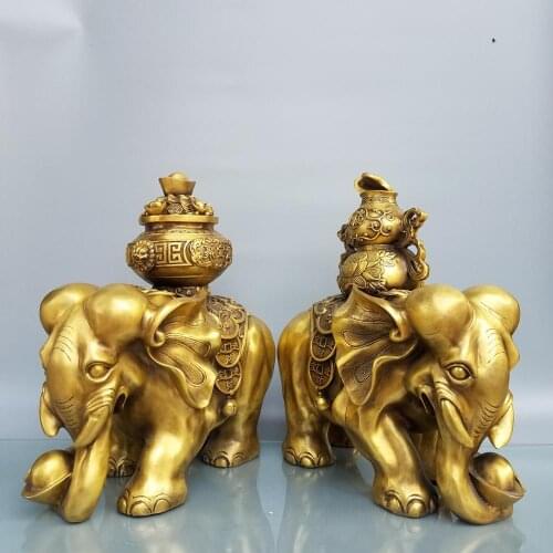 19" Chinese Seikos Bronze Elephant statue A pair Back cornucopia gourd Elephant trunk holding ingot Wealth and Peace