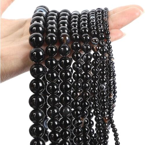 Natural Stone Beads Smooth Black Stripe Agates Onyx Round Loose Spacer Bead For Jewelry Making DIY Bracelet Strand 4/6/8/10/12MM