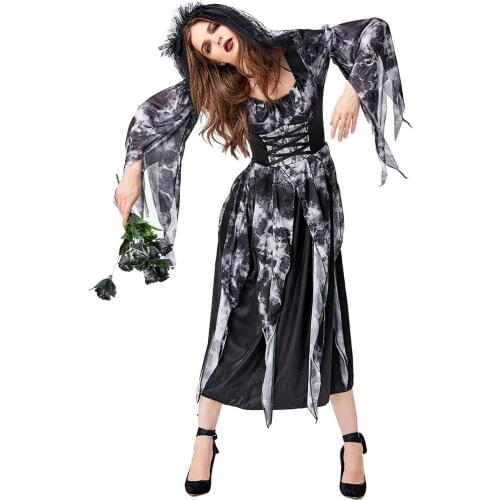 Black Skeleton Ghost Women Corpse Bride Scary Cosplay Female Halloween Zombie Walking Dead Costumes Purim Role Play Party Dress