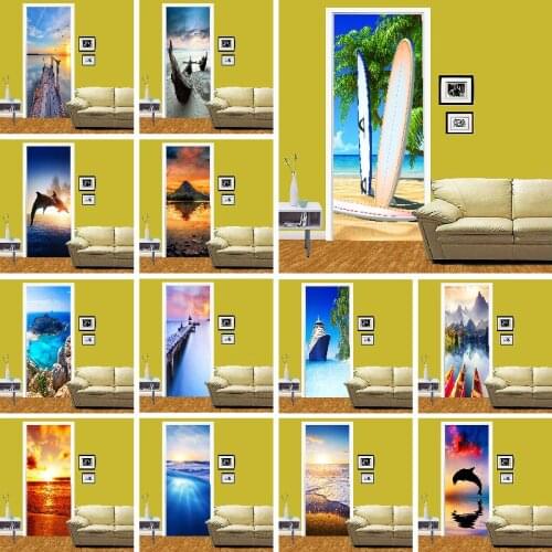 D Wallpaper For Door Sticker Self-adhesive DIY Poster Beach Sea Scenery Mural Home Design Door Decoration Decal Stickers Poster