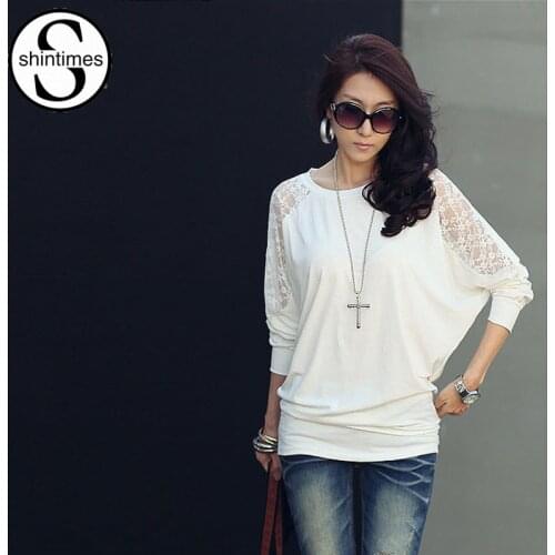 Shintimes Tee Shirt Femme Korean Clothes Bat Sleeve T Shirt Women Lace T-Shirt 2020 Loose Tshirt Woman Plus Size Camisas Mujer