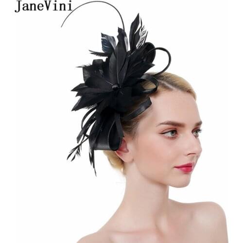 JaneVini Black Feather Fascinator Wedding Hat for Women Church Cocktail Tea Party Ladies Hats Bride Bridal Headband Hair Clip