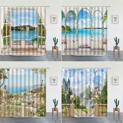 Landscape Shower Curtains Paris Tower Mediterranean Ocean Natural Scenery Backdrop Wall Decor Bathroom Bathtub Screen With Hooks